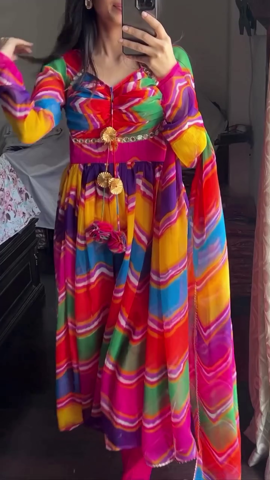 Multicolor Georgette Anarkali Suit Set with Gota Patti Detailing, Flared Pattern, Tassel Embellishments, and Matching Dupatta for Festive and Traditional Wear