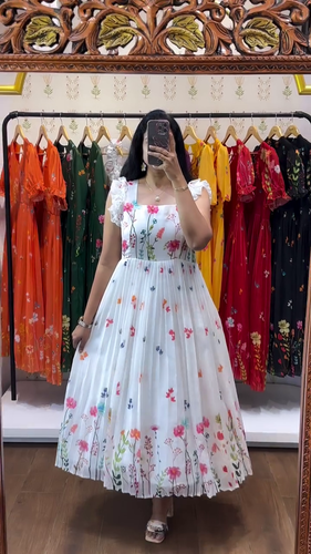 White Pleated Midi Dress with Colorful Floral Print, Square Neckline, and Ruffle Sleeves
