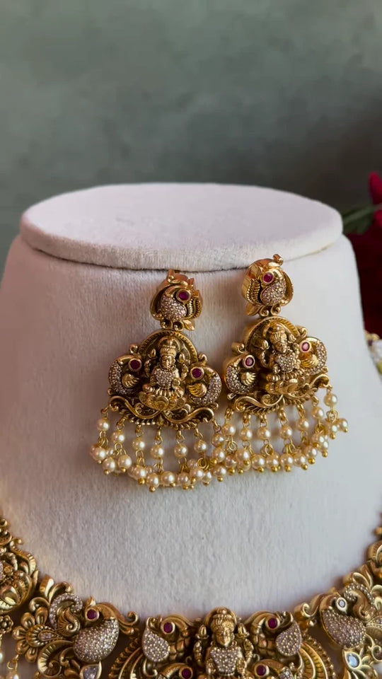 Ornate Gold-Plated Temple Jewellery Necklace Set with Goddess Lakshmi and Pearl Drops