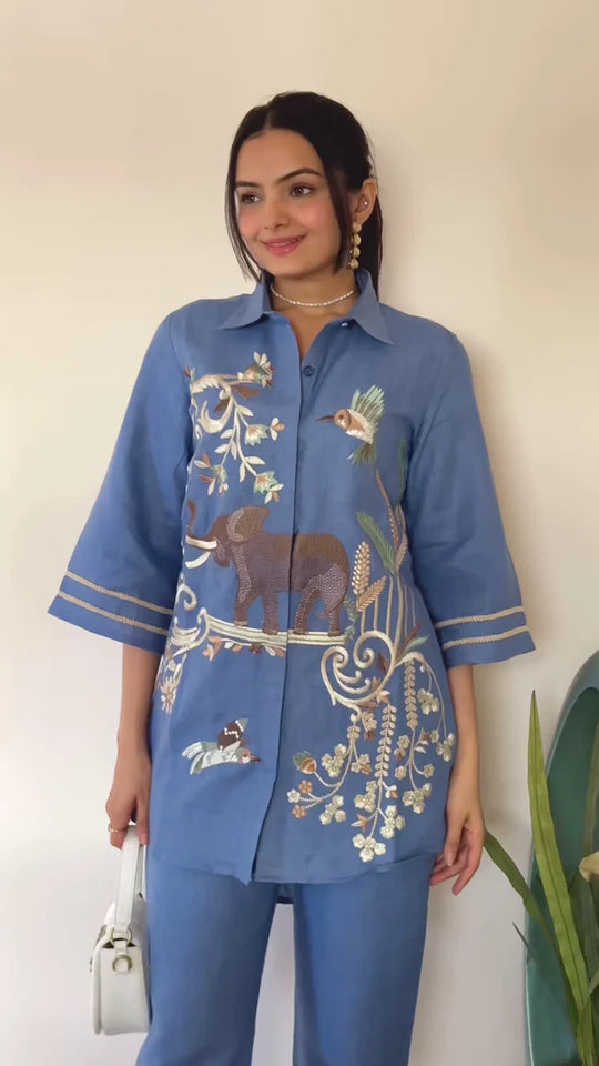 Artisanal Embroidered Linen Blend Shirt and Pants Set with Animal Motifs