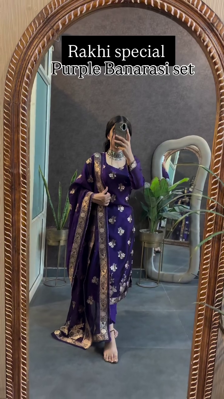 Royal Purple Banarasi Set with Intricate Floral Embroidery and Elegant Design