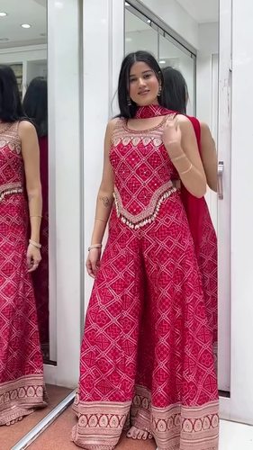 Stunning Red Ethnic Jumpsuit with Traditional Embroidered Patterns, Mirror Work Detailing, and Stylish Dupatta