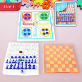 17669 13 In 1 Family Board Game Chess Snakes  Ladders Ludo Tic-tac-toe Checkers Travel Bingo Football Space Venture Steeplechase Set For Kids