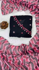 Black Georgette Anarkali Kurta Set with Pink Floral Embroidery, Matching Zigzag Pattern Dupatta, and Solid Bottoms