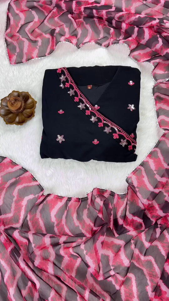 Black Georgette Anarkali Kurta Set with Pink Floral Embroidery, Matching Zigzag Pattern Dupatta, and Solid Bottoms