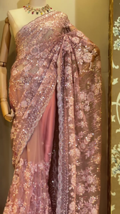 Designer Dusty Rose Pink Net Saree with Heavy Sequin and Floral Embroidery Work, Paired with a Matching Satin Underskirt and Complementary Festive Choker Necklace