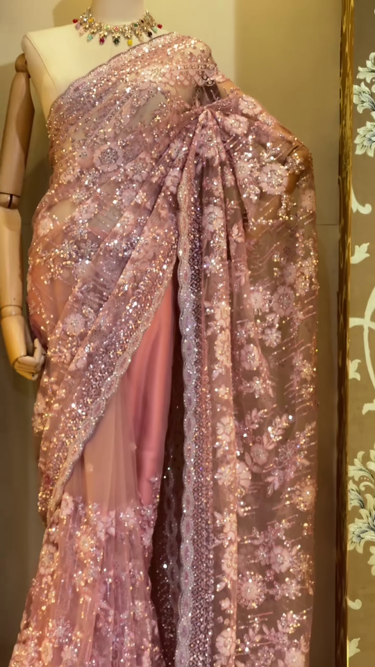 Designer Dusty Rose Pink Net Saree with Heavy Sequin and Floral Embroidery Work, Paired with a Matching Satin Underskirt and Complementary Festive Choker Necklace