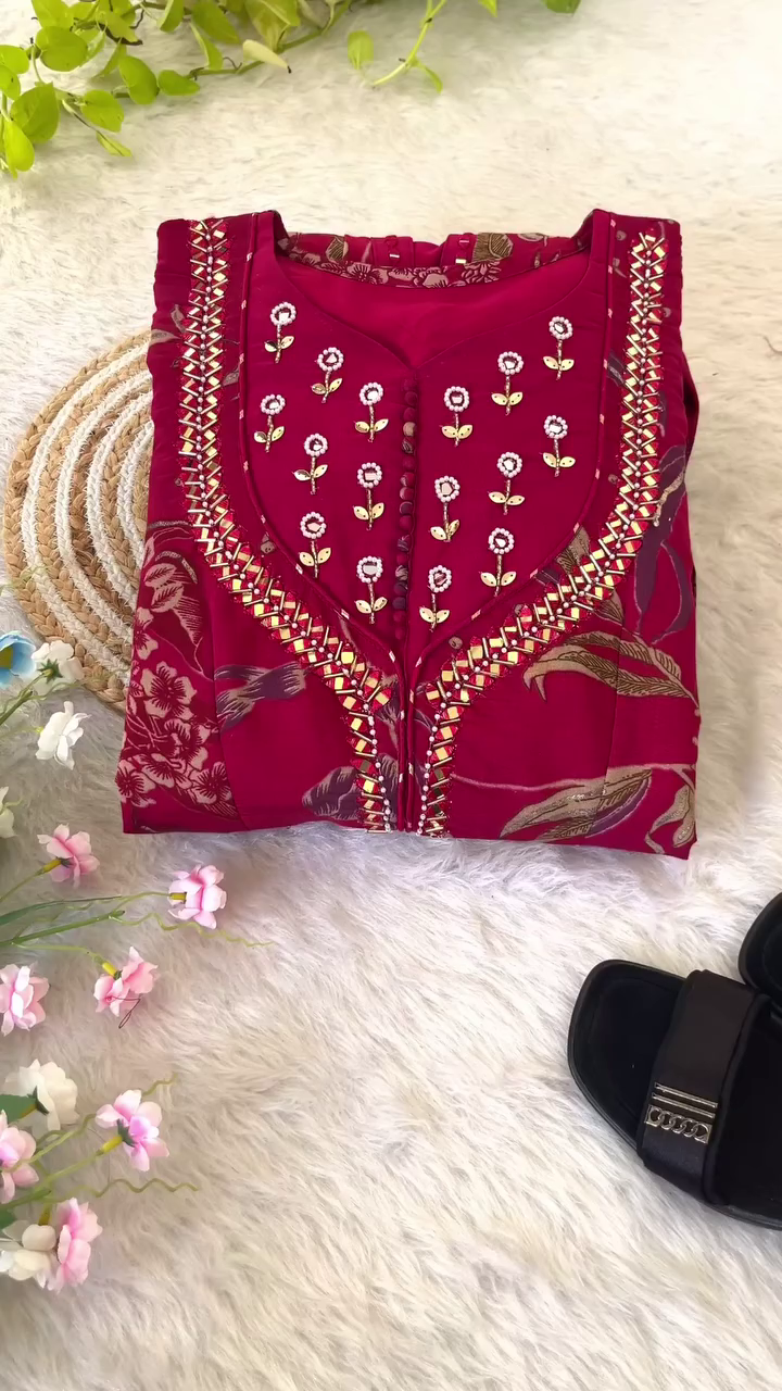 Maroon Floral Printed Anarkali Kurta with Intricate Mirror Work, Thread Embroidery on Neckline and Sleeves, and Flared Silhouette