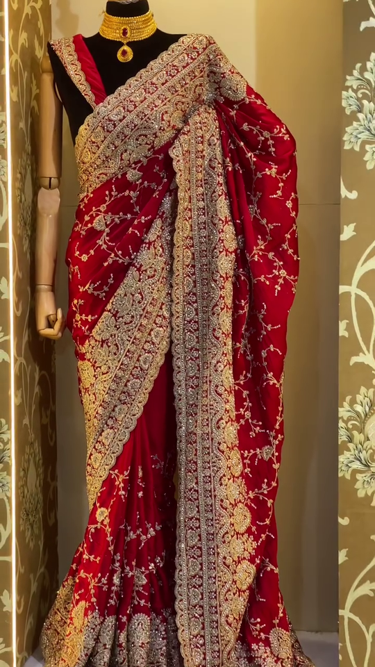 Bridal Wear Heavy Embroidered Red Velvet Saree with Intricate Golden Zari and Sequin Work