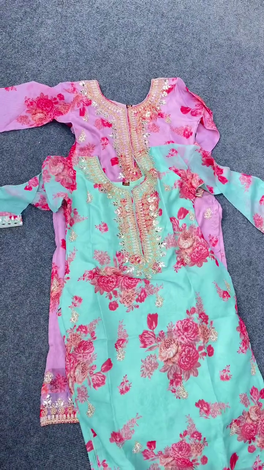 Elegant Floral Embroidered Organza Suit Set for Women