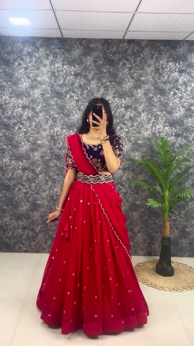 Red Embroidered Lehenga Choli with Contrasting Navy Blue Floral Blouse, Scalloped Dupatta Border, and Intricate Mirror Work Detailing