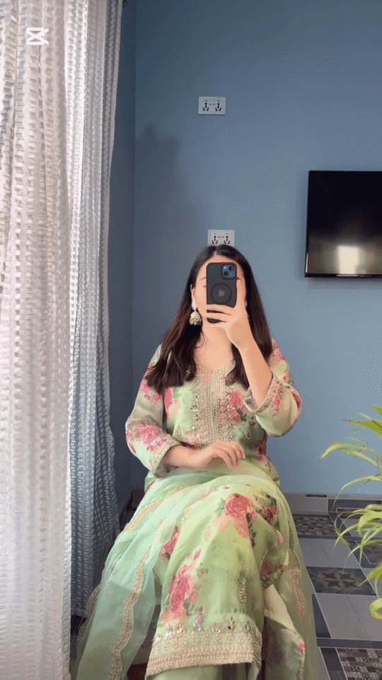 Mint Green Floral Embroidered Kurta Set with Net Dupatta – Fresh, Feminine & Festive
