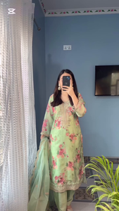 Mint Green Floral Embroidered Kurta Set with Net Dupatta – Fresh, Feminine & Festive