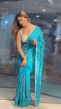 Elegant Turquoise Sari Adorned with Delicate Silver Embroidery